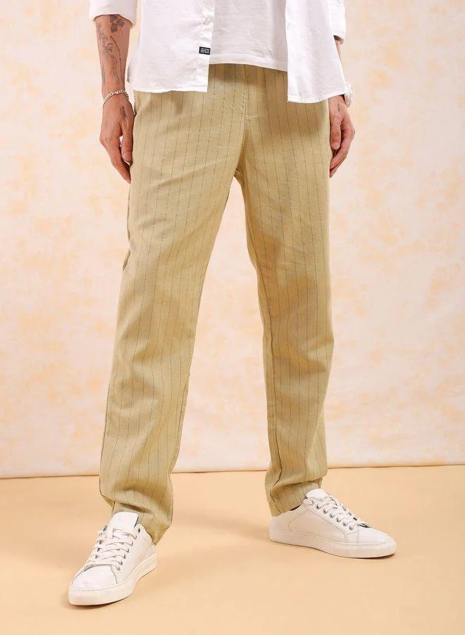 The Indian Garage Co Men Relaxed Cropped Vertical Striped Mid-Rise Trousers