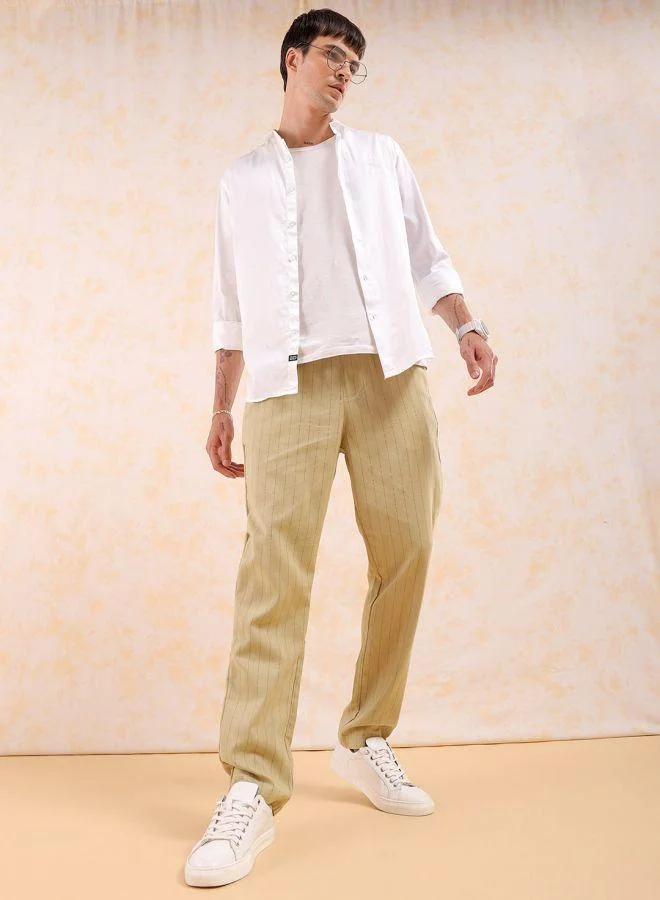 The Indian Garage Co  The Indian Garage Co Men Relaxed Cropped Vertical Striped Mid-Rise Trousers for Men | Best Price UAE