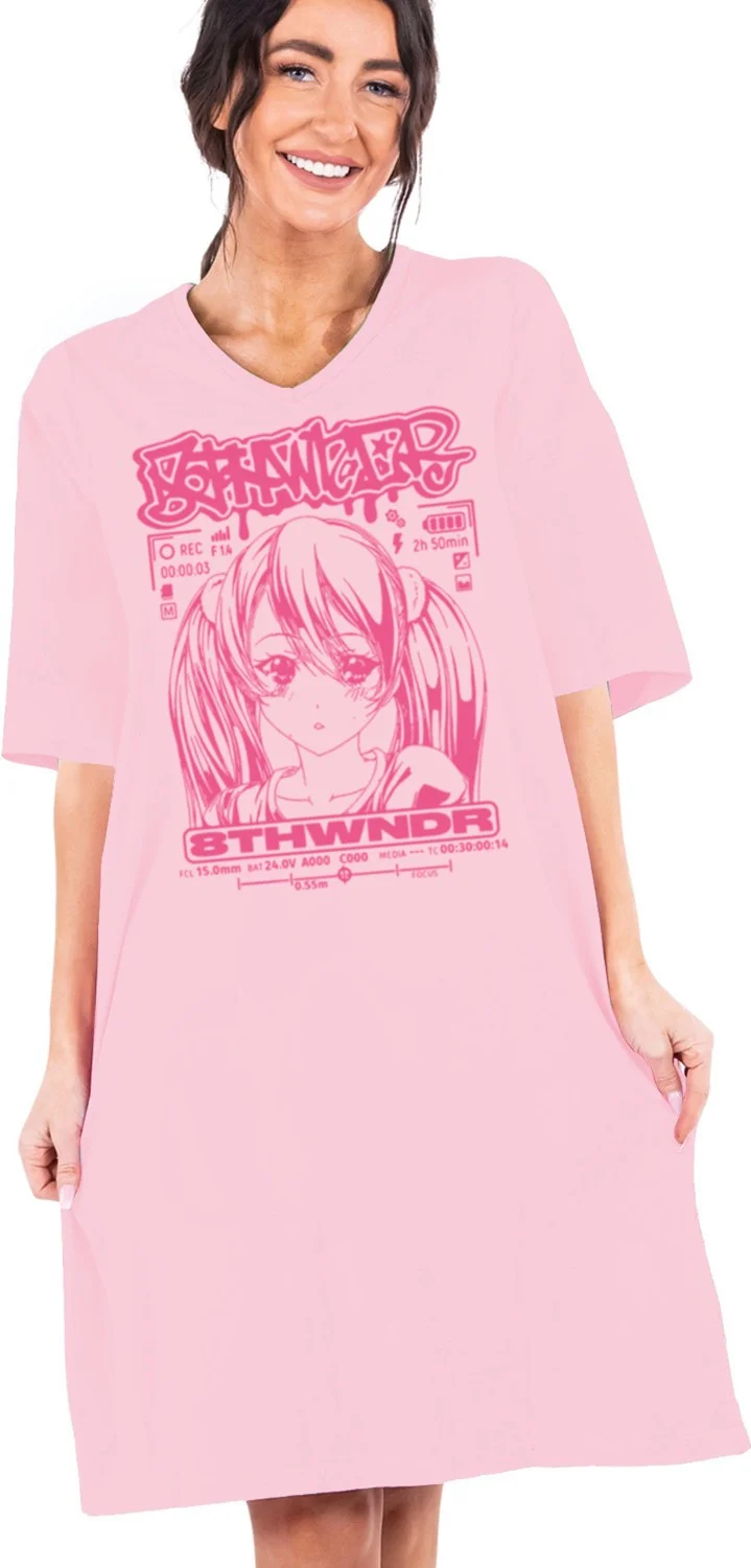 Rock&Roll Anime Girl Pink V Neck Half Sleeve Knee Length Casual Home Dress Nightgown