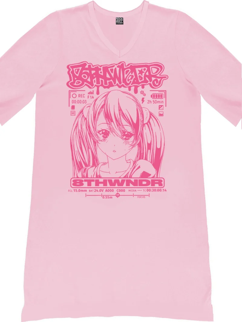 Rock&Roll Anime Girl Pink V Neck Half Sleeve Knee Length Casual Home Dress Nightgown