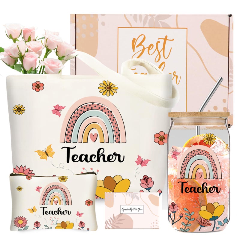 DHQH Teacher Christmas Gifts for Women - Funny Teacher Gift Set with 16OZ Glass Cup  Tote Bag & Thank You Gift Ideas from Mom or Sister - Image 1