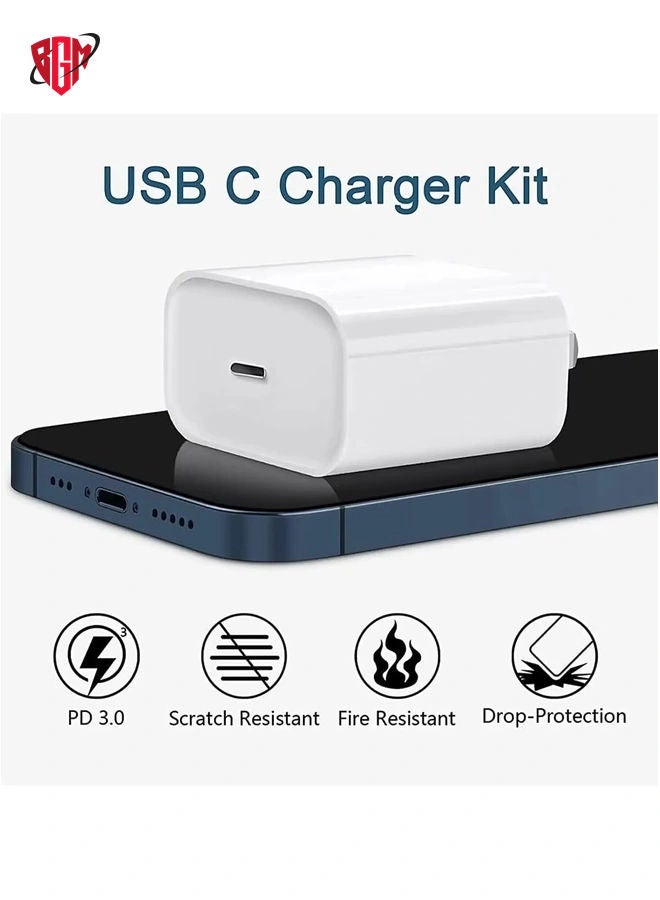 BGM 20W PD Charger for iPhone 14 | iPhone 14 Pro Type C Power Charger Adapter with USB C to Light-ning Cable Compatible for iPhone Charger 13, 12, 11, X and Later Series (Charger) - White  - Image 3