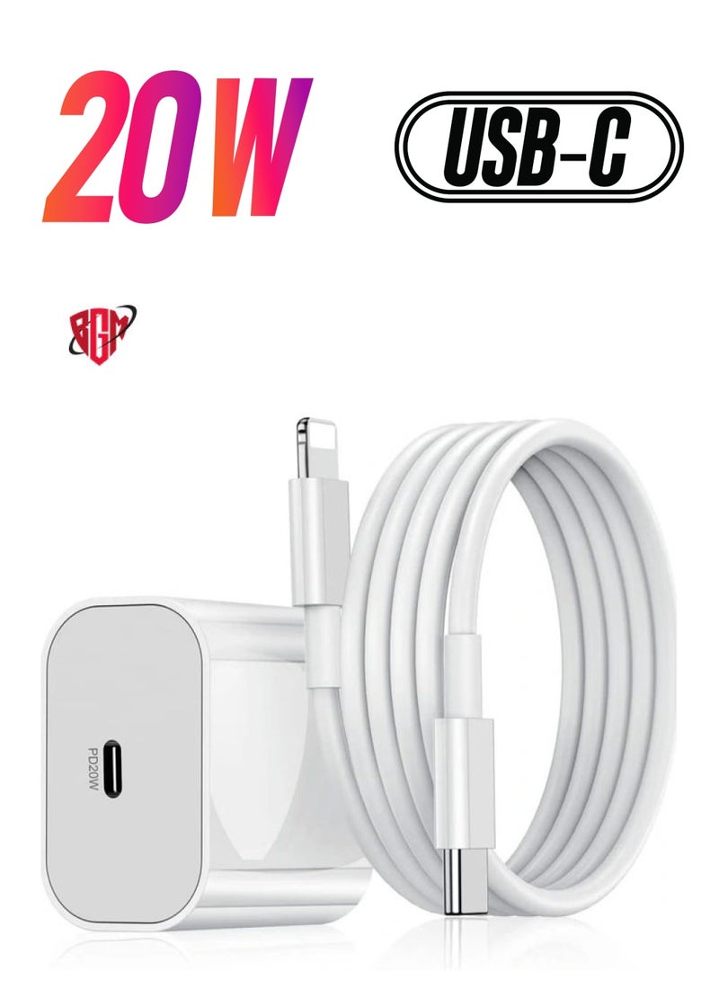 BGM 20W PD Charger for iPhone 14 | iPhone 14 Pro Type C Power Charger Adapter with USB C to Light-ning Cable Compatible for iPhone Charger 13, 12, 11, X and Later Series (Charger) - White  - Image 1