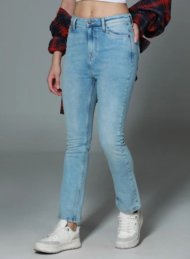 HIGH STAR Women's Indigo 100% Cotton Bleached Full Length Slim Fit Jeans