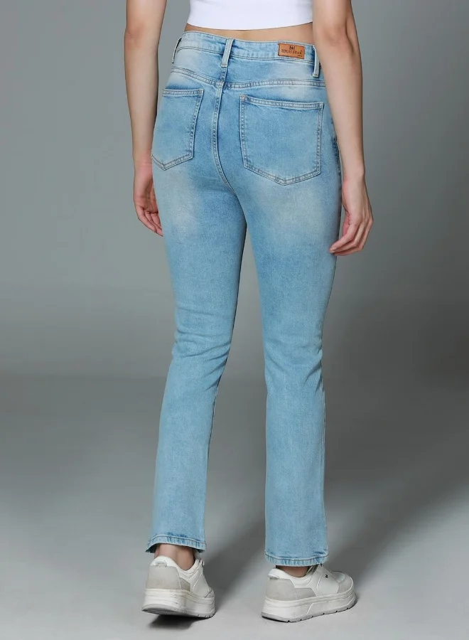 HIGH STAR Women's Indigo 100% Cotton Bleached Full Length Slim Fit Jeans