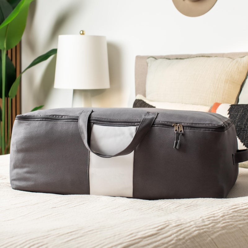 VeraMia Soft Canvas Storage Bags with Zipper. Thick Breathable, 1pc King/Queen Comforter Organizer. Four Carrying Handles and Window. Large 25x19x9in Bag for Sheets Blankets Bedding Pillows, Clothes (Grey) - Image 2
