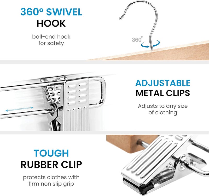 زوبير علاقات بنطلونات خشبية عالية الجودة من مع مشابك معدنية، مشابك قبضة لتعليق البنطلونات، تشطيب ناعم من الخشب الصلب لتعليق الجينز/التنانير، خطاف دوار 360 درجة - علاقة مشبك للبنطلونات والتنانير والسراويل - عبوة 20 قطعة، طبيعي - Image 4