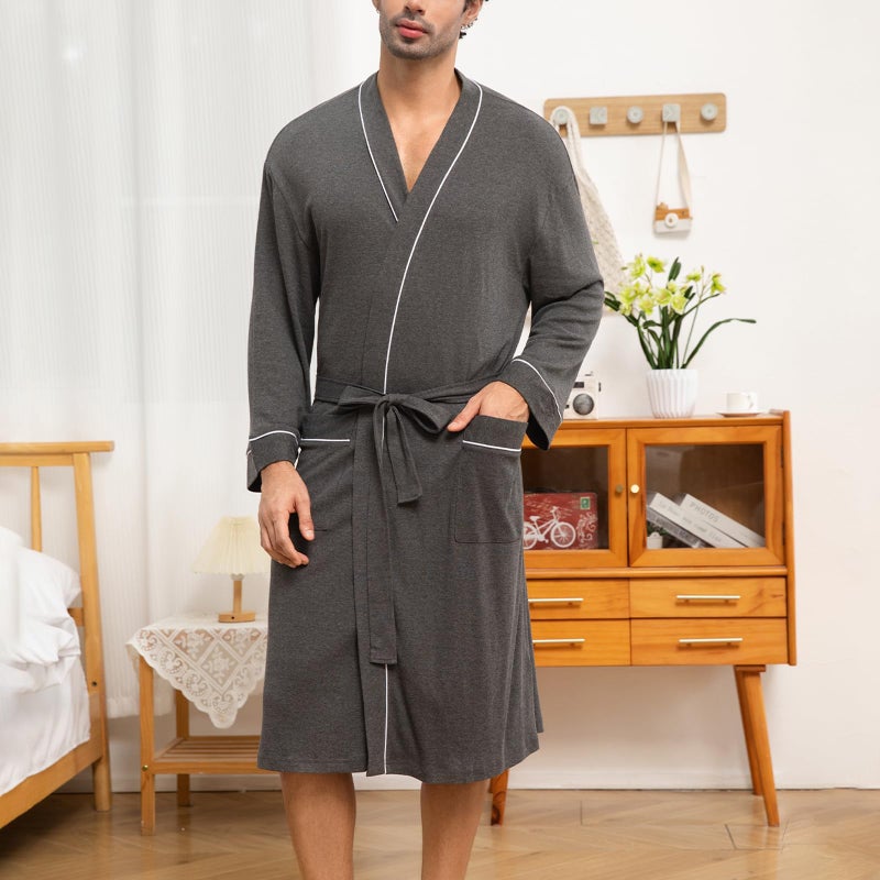 Lagtew Mens Lightweight Robe Cotton Blend Kimono Bathrobe with Pockets, Soft Breathable Absorbent Loungewear for Home,DARK GREY MEL.,XL - Image 2