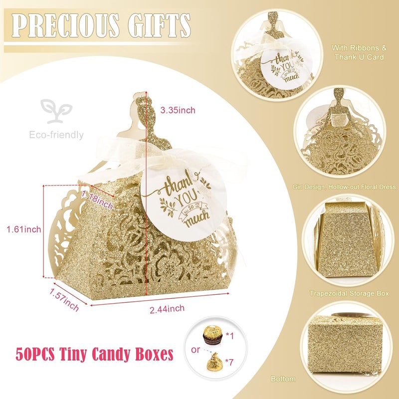 AdasBridal 50 قطعة من صناديق الهدايا الصغيرة من ، صندوق حلوى لامع بالذهب مع بطاقة شكر، نقش عروس، صناديق هدايا الحفلات لحفلة الزفاف، حفلة الكوينس، حفلة عيد الميلاد، حفلة الزفاف، مقطوع بالليزر - Image 2