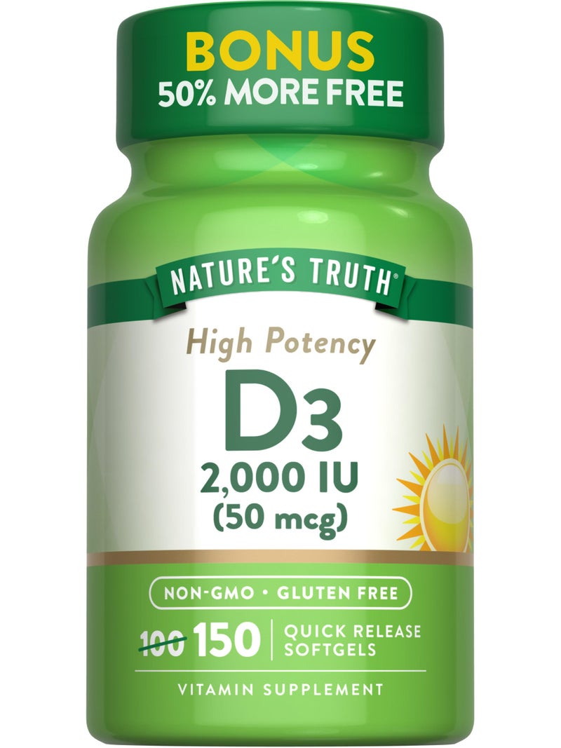 Natures Truth Vitamin D3 2000 IU Softgels 150 Count High Potency NonGMO and Gluten Free Supplement
