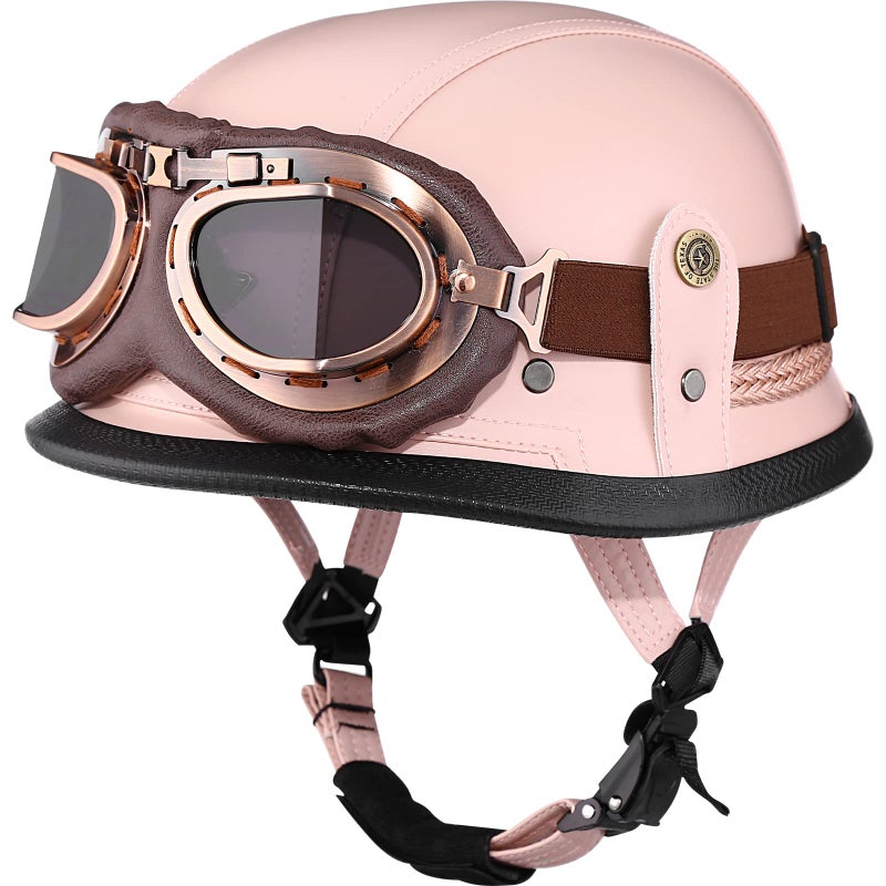 Yesmotor Motorcycle Half Helmet Retro German Handmade Leather Half Face Quick Release Buckle  Goggles  DOT Approved Pink L