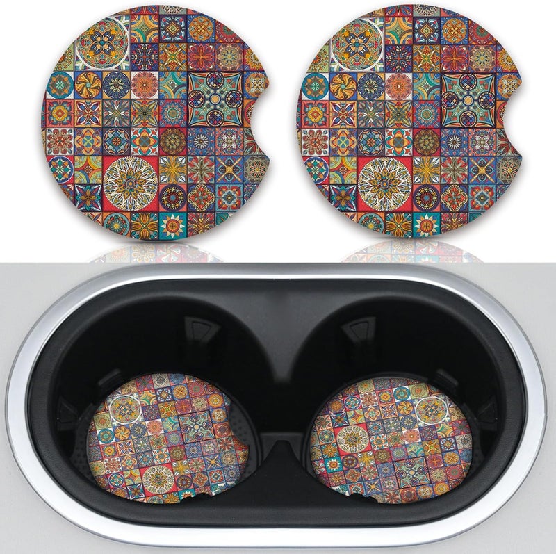 Adastrah Boho Absorbent Neoprene Car Coasters, 2.75inch Mandala Style, 2 Pack Universal with Finger Slot - Image 1