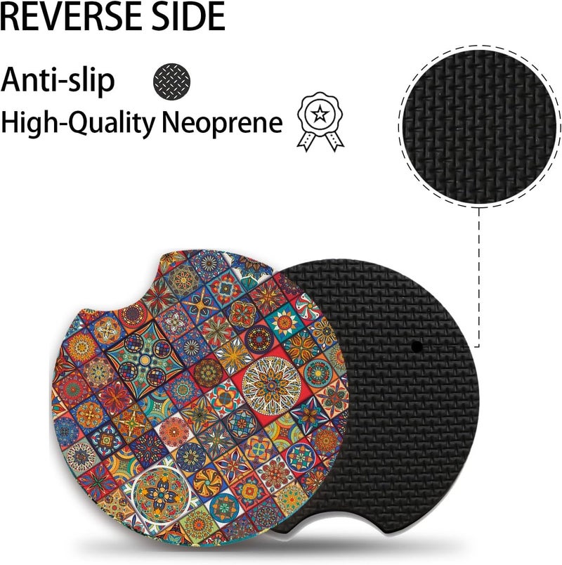Adastrah Boho Absorbent Neoprene Car Coasters, 2.75inch Mandala Style, 2 Pack Universal with Finger Slot - Image 3