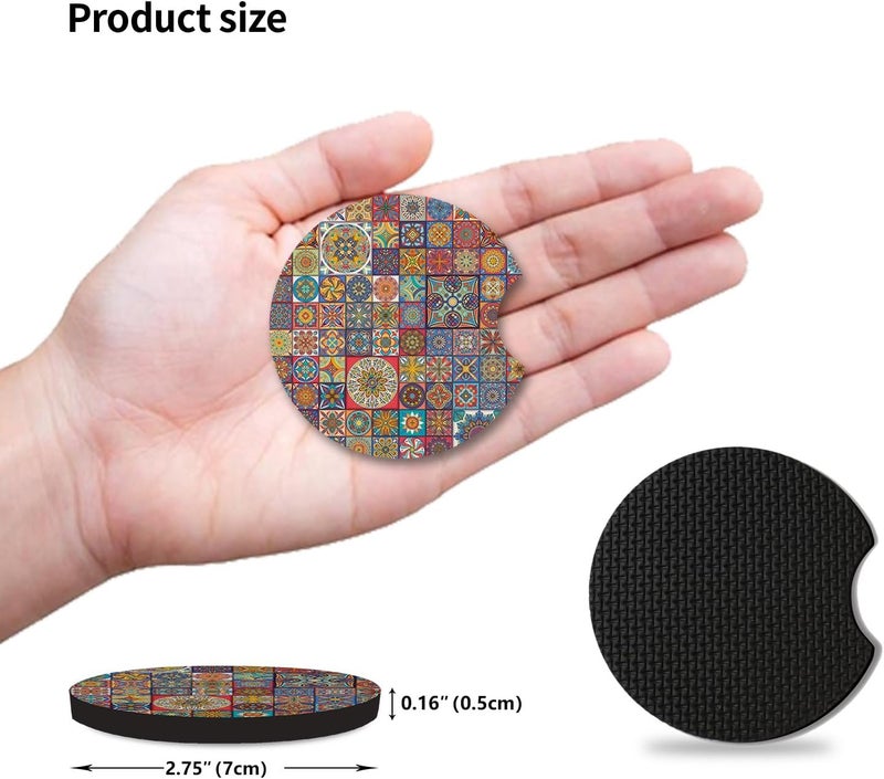 Adastrah Boho Absorbent Neoprene Car Coasters, 2.75inch Mandala Style, 2 Pack Universal with Finger Slot - Image 4