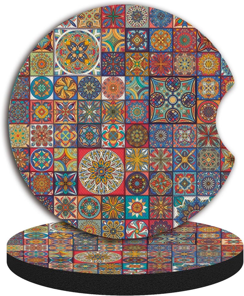 Adastrah Boho Absorbent Neoprene Car Coasters, 2.75inch Mandala Style, 2 Pack Universal with Finger Slot - Image 5