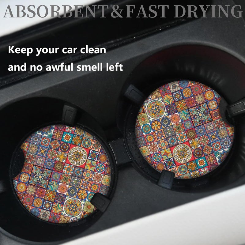 Adastrah Boho Absorbent Neoprene Car Coasters, 2.75inch Mandala Style, 2 Pack Universal with Finger Slot - Image 2