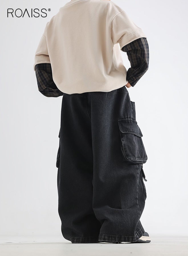 رويس بنطلون جينز كاجوال للأولاد، بنطلون جينز واسع الساق بخصر مطاطي وجيوب، بنطلون كارغو فضفاض أنيق على الطراز القديم للأولاد، مناسب للارتداء اليومي والمدرسة والأنشطة الداخلية والخارجية - Image 2