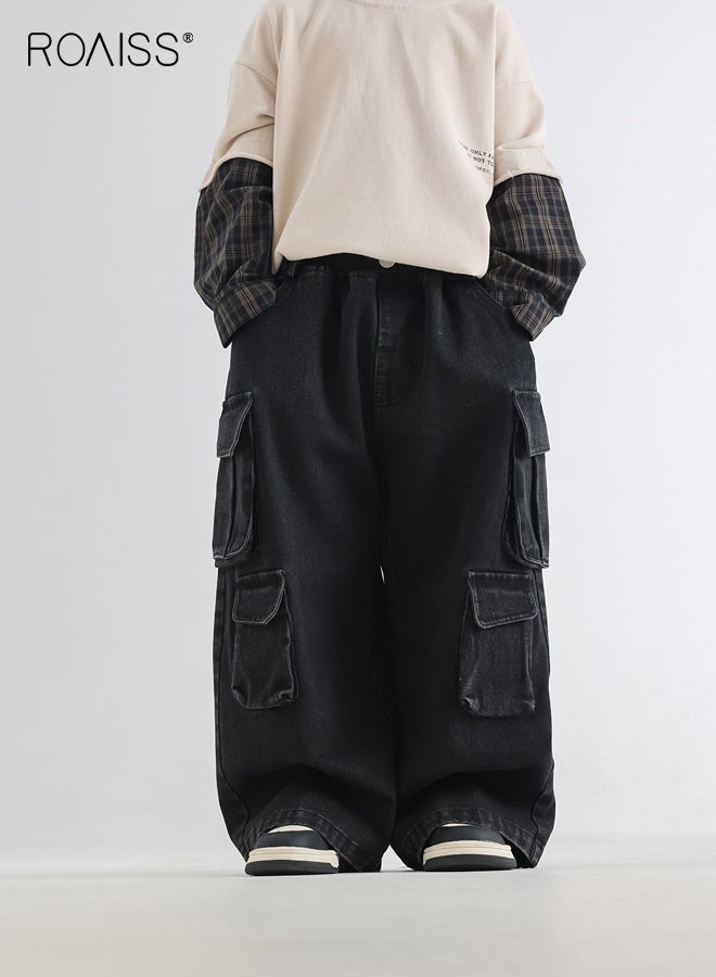 رويس بنطلون جينز كاجوال للأولاد، بنطلون جينز واسع الساق بخصر مطاطي وجيوب، بنطلون كارغو فضفاض أنيق على الطراز القديم للأولاد، مناسب للارتداء اليومي والمدرسة والأنشطة الداخلية والخارجية - Image 1