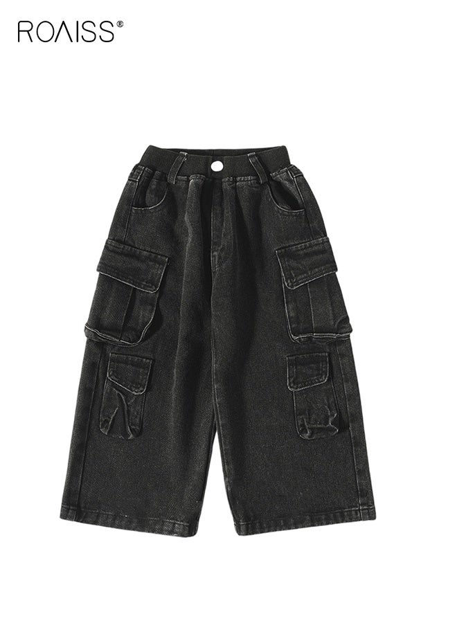 رويس بنطلون جينز كاجوال للأولاد، بنطلون جينز واسع الساق بخصر مطاطي وجيوب، بنطلون كارغو فضفاض أنيق على الطراز القديم للأولاد، مناسب للارتداء اليومي والمدرسة والأنشطة الداخلية والخارجية - Image 3