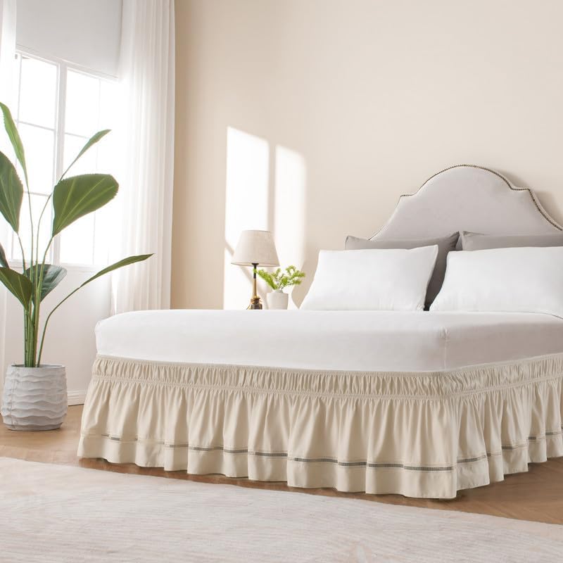 MIYE Wrap Around Ruffled Lace Bed Skirt, Elastic Dust Ruffle with Adjustable Belts, Easy to Put On, Bed Frame Cover, Machine Washable (Ruffled Lace/Beige, King/Queen-15 Drop) - Image 3