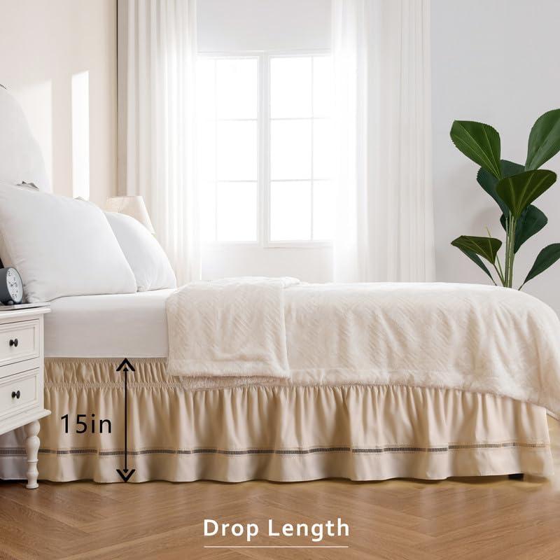 MIYE Wrap Around Ruffled Lace Bed Skirt, Elastic Dust Ruffle with Adjustable Belts, Easy to Put On, Bed Frame Cover, Machine Washable (Ruffled Lace/Beige, King/Queen-15 Drop) - Image 5