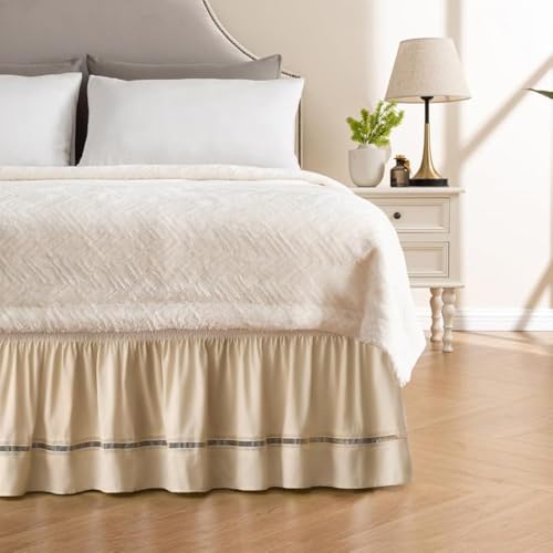 MIYE Wrap Around Ruffled Lace Bed Skirt, Elastic Dust Ruffle with Adjustable Belts, Easy to Put On, Bed Frame Cover, Machine Washable (Ruffled Lace/Beige, King/Queen-15 Drop) - Image 1