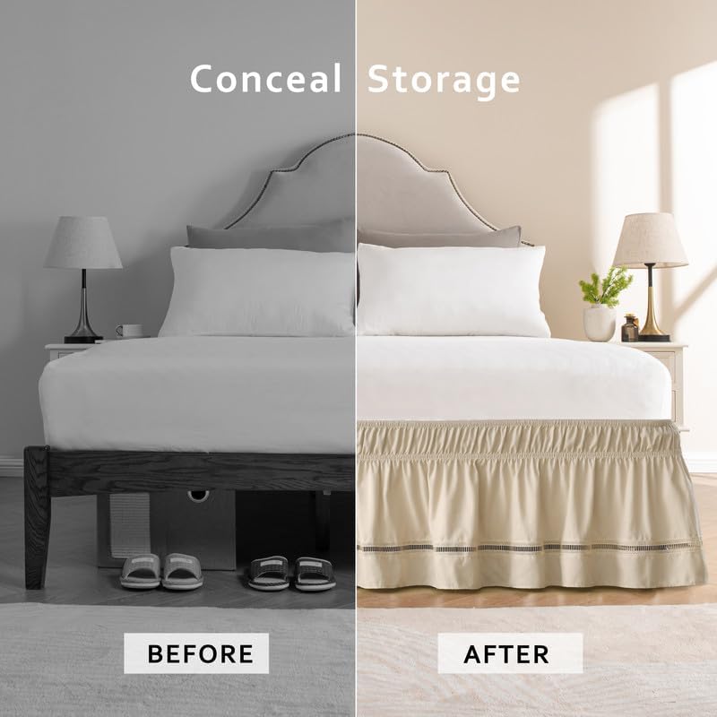 MIYE Wrap Around Ruffled Lace Bed Skirt, Elastic Dust Ruffle with Adjustable Belts, Easy to Put On, Bed Frame Cover, Machine Washable (Ruffled Lace/Beige, King/Queen-15 Drop) - Image 4