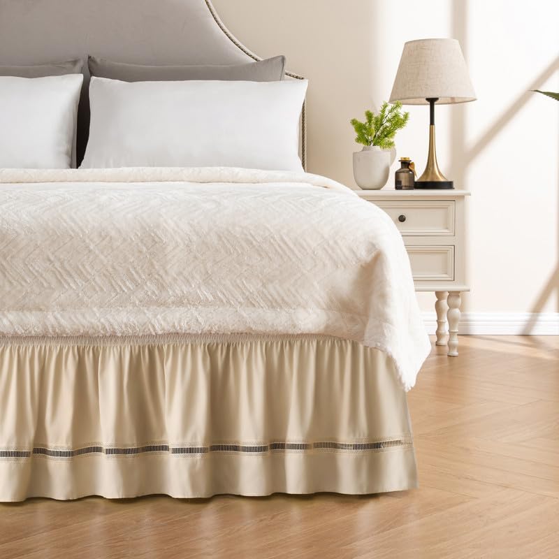 MIYE Wrap Around Ruffled Lace Bed Skirt, Elastic Dust Ruffle with Adjustable Belts, Easy to Put On, Bed Frame Cover, Machine Washable (Ruffled Lace/Beige, King/Queen-15 Drop) - Image 2