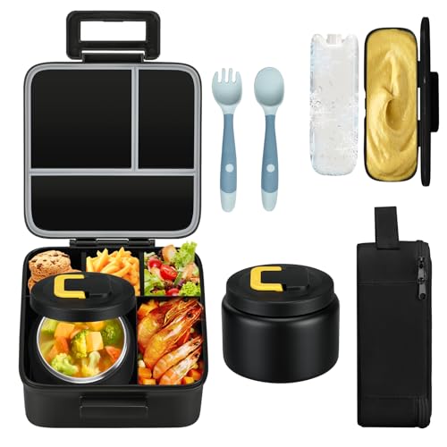 MAISON HUIS Bento Lunch Box with 8oz Soup Thermo, 5-Compartment Leak-Proof Container, Thermo Hot Food Jar and Insulated Lunch Bag, BPA Free,Travel, School (Black) - Image 1