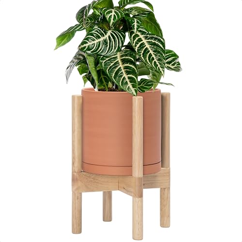 D'vine Dev Terracotta Planter with Natural Stand - 8 Inch Modern Round Flower Pot with Wood Planter Holder, Terracotta, 55-B-N-5 - Image 1