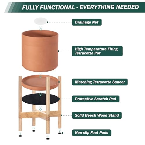 D'vine Dev Terracotta Planter with Natural Stand - 8 Inch Modern Round Flower Pot with Wood Planter Holder, Terracotta, 55-B-N-5 - Image 5