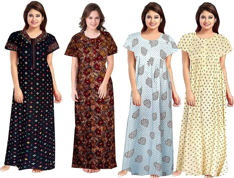NEGLIGEE Women's Cotton Printed Maxi Nightgown Nighty for Women Ankle Length Night Dress - Pack of 4 (Free Size, Multicolor, Option 03) - Image 1