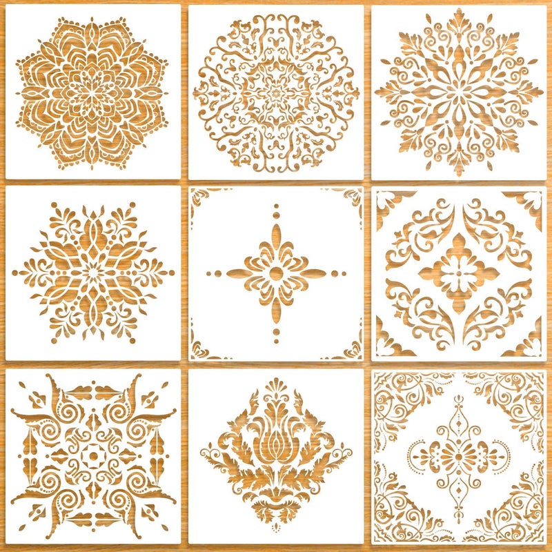 Ivanas 12x12 Inch Large Reusable Stencil Mandala Stencil Laser Cut Painting Template for Floor Wall Tile Fabric Furniture Stencils Painting Art Projects 9 Pack - Image 1
