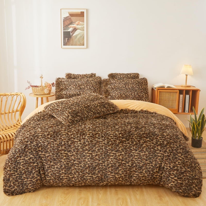 FOPPA Cheetah Print Fluffy Comforter Cover Set King- Ultra Soft Fuzzy Leopard Bedding Sets 3 Pieces (1 Duvet Cover + 2 Pillow case) Fluffy Bed Set (Cheetah, King) - Image 1
