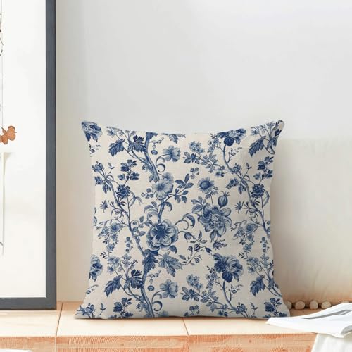 Sorktse Blue Floral Pillow Covers 18x18 Inch Set of 2 Vintage Navy Blue Floral Throw Pillows Spring Summer Flower Pillowcase Linen Outdoor Decorative Cushion Covers for Bed Sofa Couch - Image 3