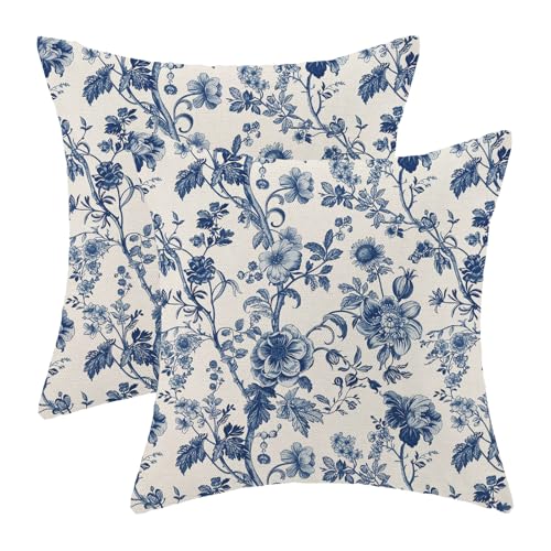 Sorktse Blue Floral Pillow Covers 18x18 Inch Set of 2 Vintage Navy Blue Floral Throw Pillows Spring Summer Flower Pillowcase Linen Outdoor Decorative Cushion Covers for Bed Sofa Couch - Image 1