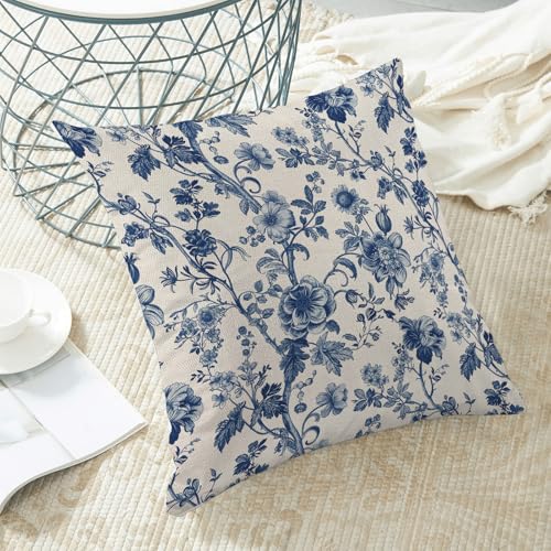 Sorktse Blue Floral Pillow Covers 18x18 Inch Set of 2 Vintage Navy Blue Floral Throw Pillows Spring Summer Flower Pillowcase Linen Outdoor Decorative Cushion Covers for Bed Sofa Couch - Image 4
