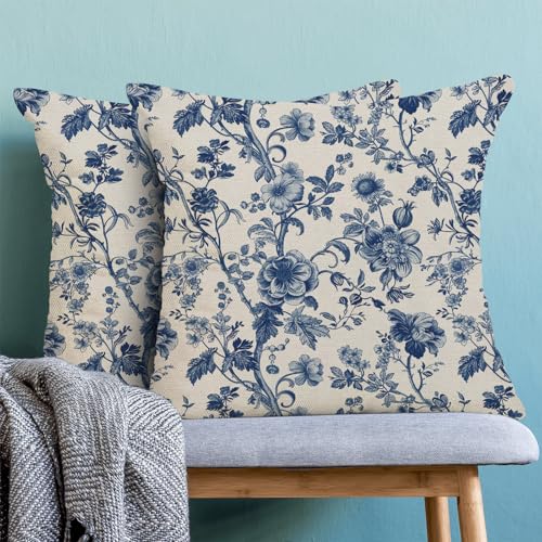 Sorktse Blue Floral Pillow Covers 18x18 Inch Set of 2 Vintage Navy Blue Floral Throw Pillows Spring Summer Flower Pillowcase Linen Outdoor Decorative Cushion Covers for Bed Sofa Couch - Image 2