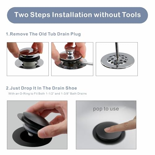 HIDROP Matte Black Tub Drain Stopper, Hidrop Pop Up Universal Tub Dain Tip Toe Bathtub Drain Stopper, Fit 1.375 to 1.5 Inches, Replaces Lift and Turn, Tip-Toe and Trip Lever Drains for Tub, EZ Installation - Image 5