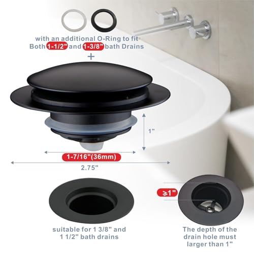 HIDROP Matte Black Tub Drain Stopper, Hidrop Pop Up Universal Tub Dain Tip Toe Bathtub Drain Stopper, Fit 1.375 to 1.5 Inches, Replaces Lift and Turn, Tip-Toe and Trip Lever Drains for Tub, EZ Installation - Image 2