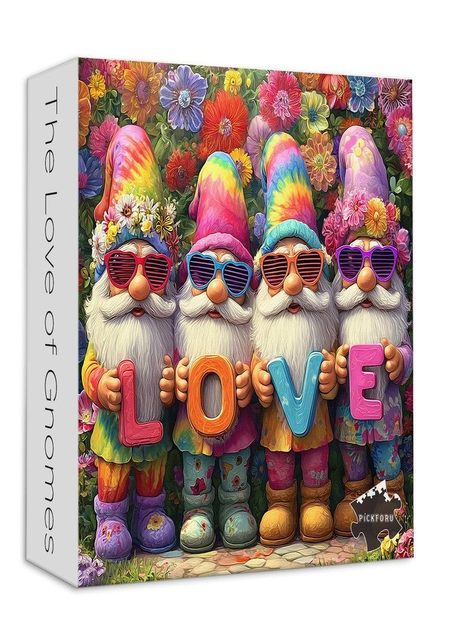 PICKFORU أحجية PICKFORU Gnomes Love للكبار، 1000 قطعة، أحجية تركيب صور متدرجة الألوان لأقزام لطيفة، أحجية زهور ملونة كديكور حائط - Image 1