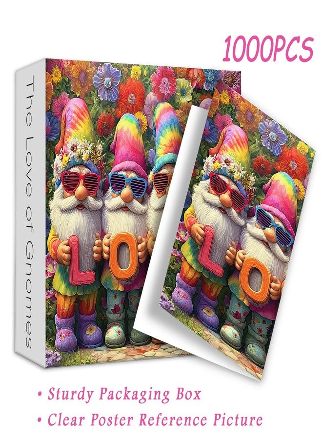 PICKFORU أحجية PICKFORU Gnomes Love للكبار، 1000 قطعة، أحجية تركيب صور متدرجة الألوان لأقزام لطيفة، أحجية زهور ملونة كديكور حائط - Image 4