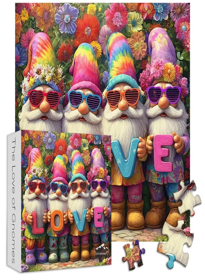 PICKFORU أحجية PICKFORU Gnomes Love للكبار، 1000 قطعة، أحجية تركيب صور متدرجة الألوان لأقزام لطيفة، أحجية زهور ملونة كديكور حائط - Image 2