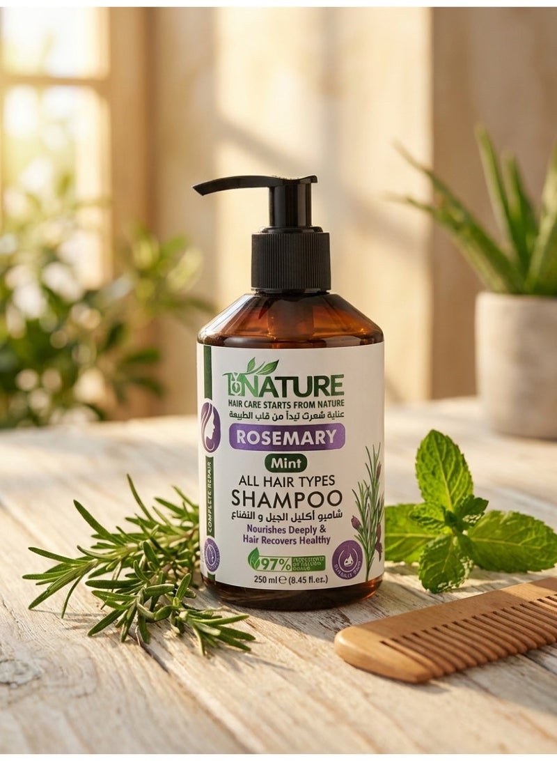 باي نيتشر شامبو باي نيتشر بإكليل الجبل والنعناع 250 مل | شامبو طبيعي خالي من السلفات لجميع أنواع الشعر | يغذي ويقوي وينعش فروة الرأس | مضاد للقشرة، يعزز نمو الشعر ويمنحه اللمعان - Image 4