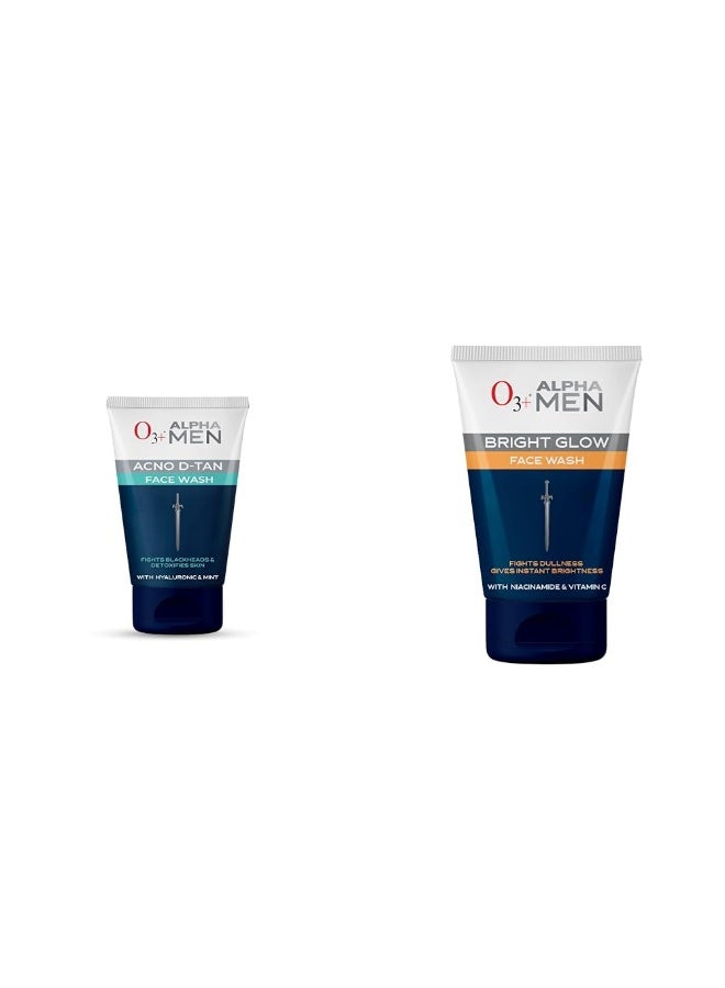 O3+ ALPHA MEN Acno D-TAN Face Wash 50ml with Hyaluronic & Mint & O3+ ALPHA MEN Bright Glow Face Wash 50g Combo - Image 1