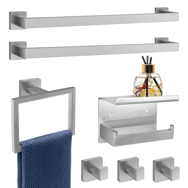 Dorudon atrox 7Piece Bathroom Hardware Set Brushed Nickel Towel Bar Set with Towel Rack 2 Square 23Inch Towel Bars and Stainless Steel Bathroom Accessories Wall Mounted