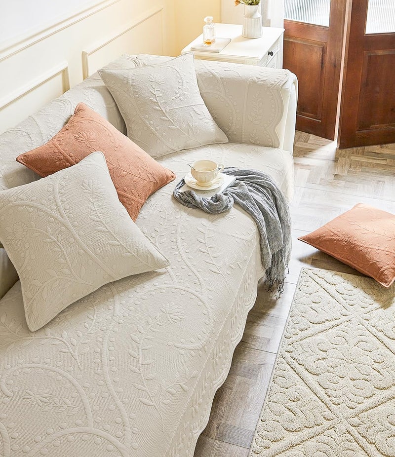 XSlive Leaf Floral Cotton Quilted Dog Couch Cover for Sofa Farmhouse Rustic Embroidered Sectional Couch Cover Soft Anti-Slip Sofa Slipcover Furniture Protector for Kids, Pets (Beige,28"x28") - Image 3