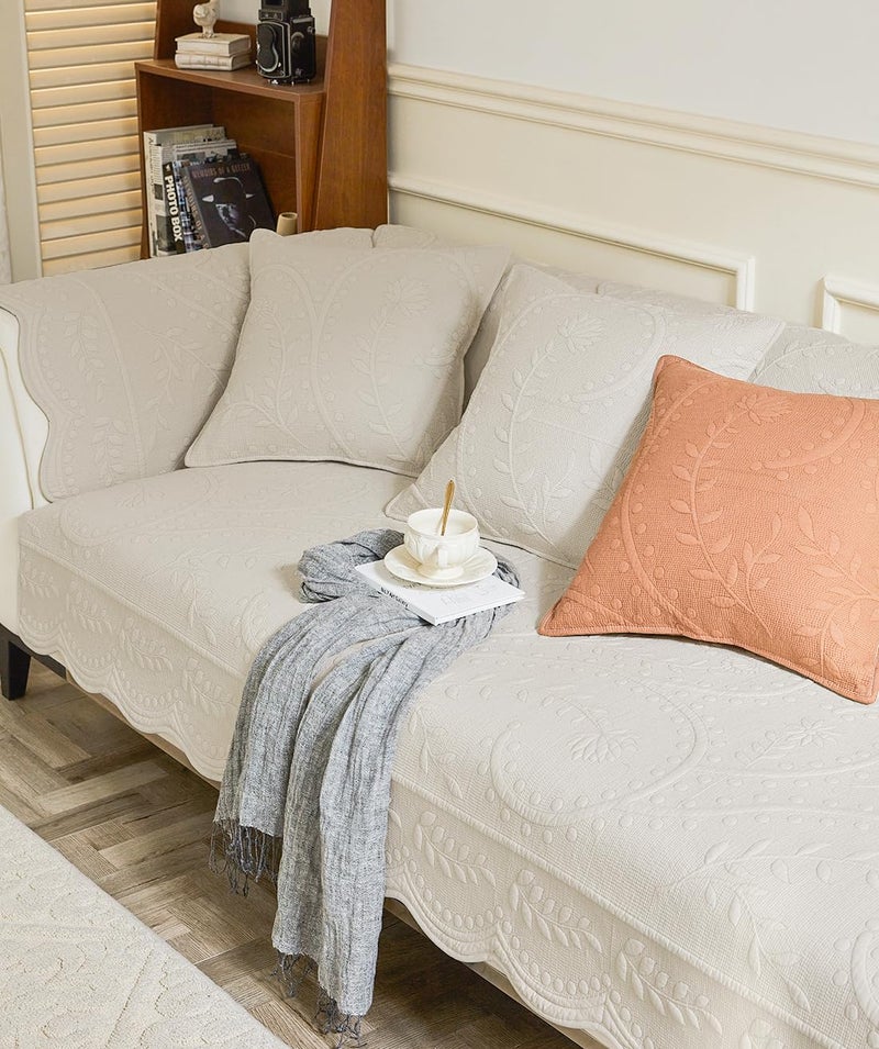 XSlive Leaf Floral Cotton Quilted Dog Couch Cover for Sofa Farmhouse Rustic Embroidered Sectional Couch Cover Soft Anti-Slip Sofa Slipcover Furniture Protector for Kids, Pets (Beige,28"x28") - Image 4