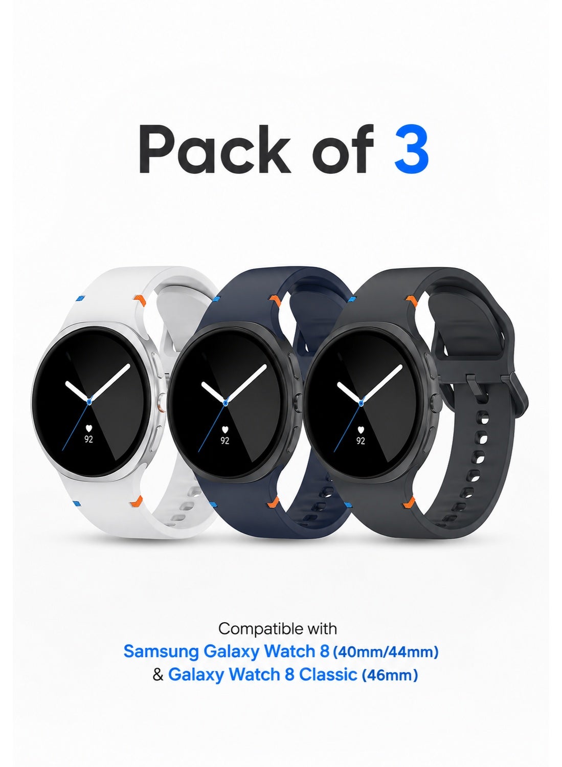 SARAOONT 3-Pack Soft Silicone Watch Bands Compatible with Samsung Galaxy Watch 8 (40mm, 44mm) and 8 Classic (46mm) – No-Gap One-Click Adjustable Sport Replacement Straps