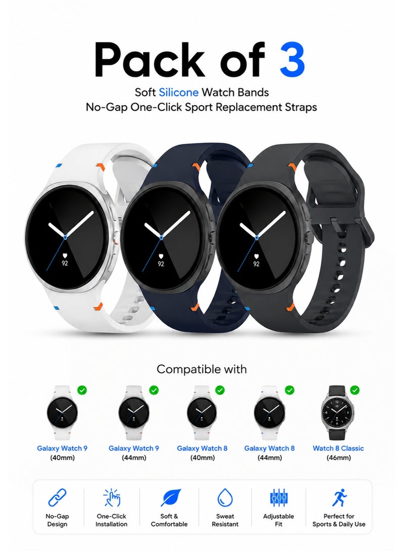 ساراونت متوافق مع Galaxy Watch 9 ‏(40 مم، 44 مم) وGalaxy Watch 8 ‏(40 مم، 44 مم) وWatch 8 Classic ‏(46 مم) | مجموعة من 3 أساور ساعة سيليكون ناعمة بدون فجوة مع تثبيت بنقرة واحدة للاستخدام الرياضي - Image 1